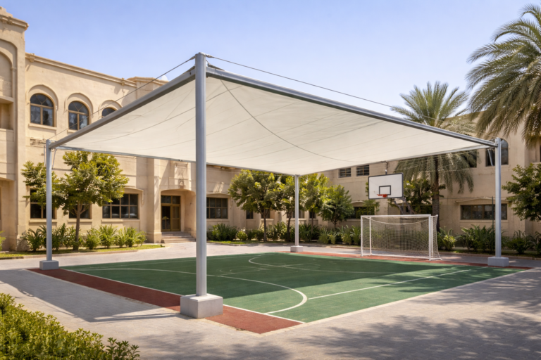 دليل تظليل المؤسسات: تركيب مظلات مدارس وملاعب في مسقط 2026
